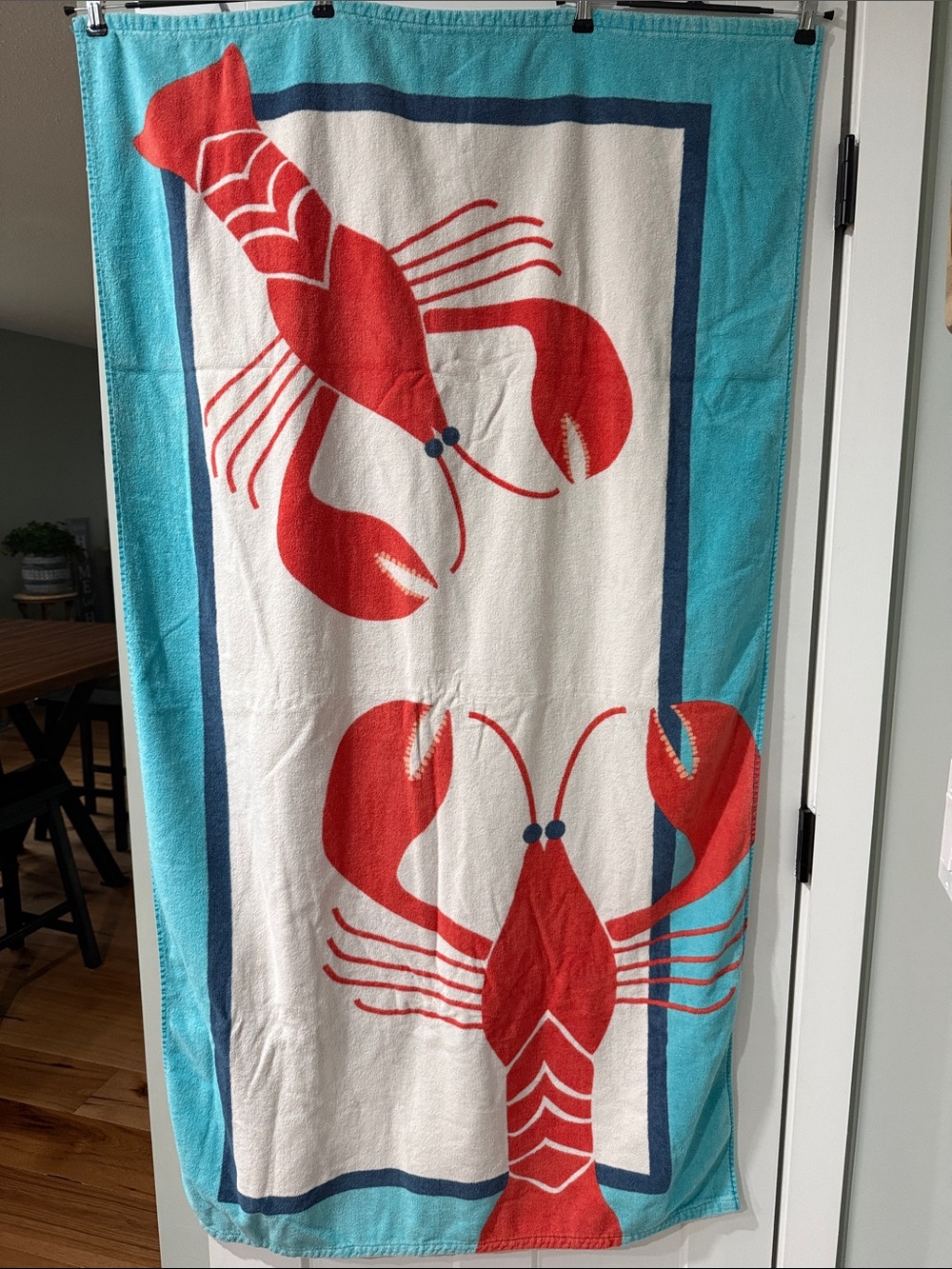 Beach Towel with Red Lobster Print - Turquoise & White